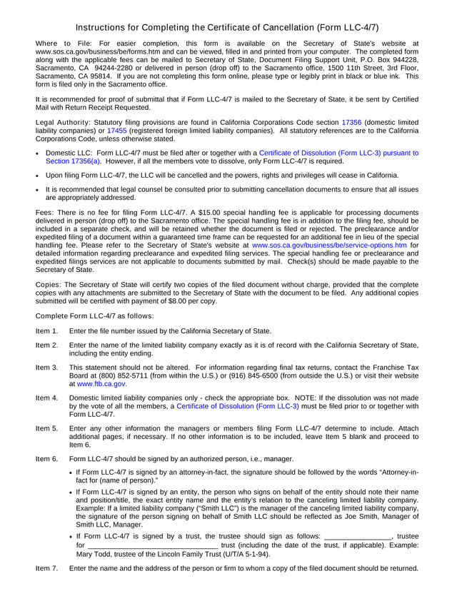 Certificate Of Cancellation (Form LLC 47) screenshot