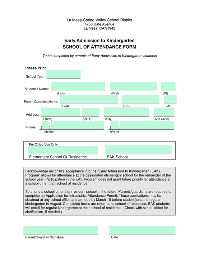 Early Admission To Kindergarten School Of Attendance Form screenshot