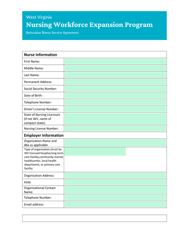 Nursing Recruitment Relocation Bonus Program Application screenshot