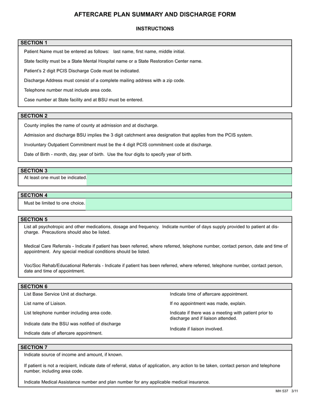Aftercare Plan Summary And Discharge Form screenshot
