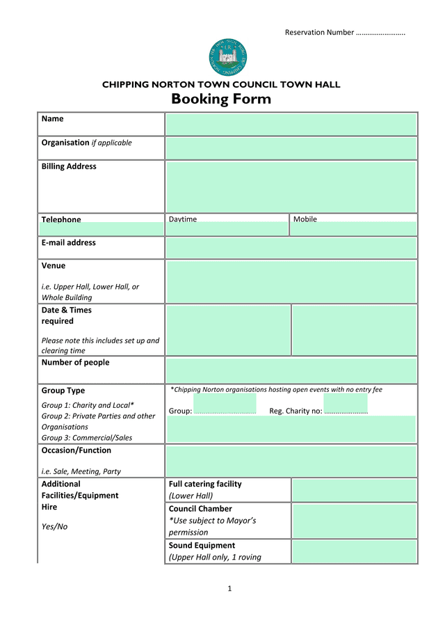 Chipping Norton Town Council Town Hall Booking Form screenshot