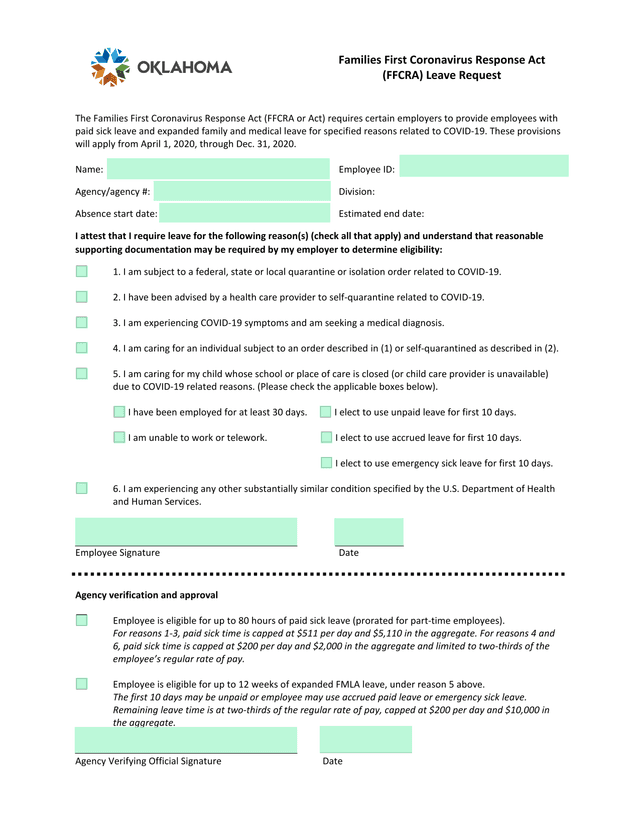 Families First Coronavirus Response Act (FFCRA) Leave Request screenshot