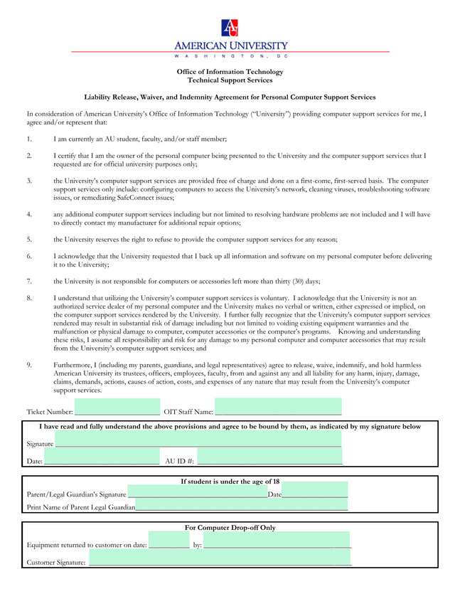 Liability Release, Waiver, And Indemnity Agreement For Personal Computer Support Services screenshot