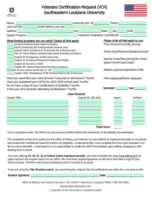 Veterans Certification Request (VCR) screenshot