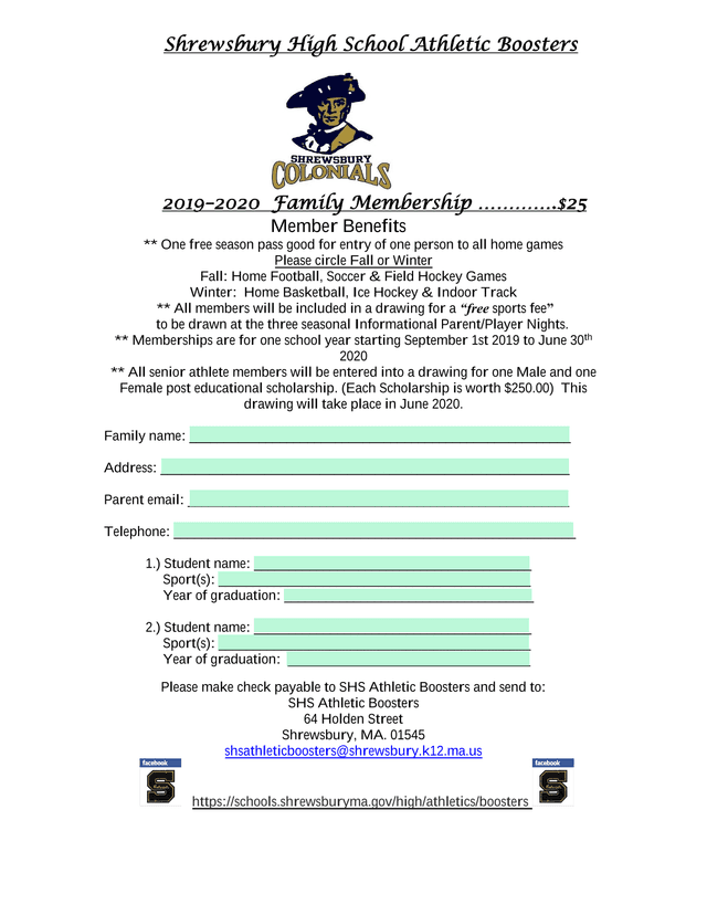 Shrewsbury High School Athletic Boosters Family Membership screenshot