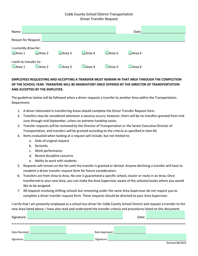 Cobb County School District Transportation Driver Transfer Request screenshot