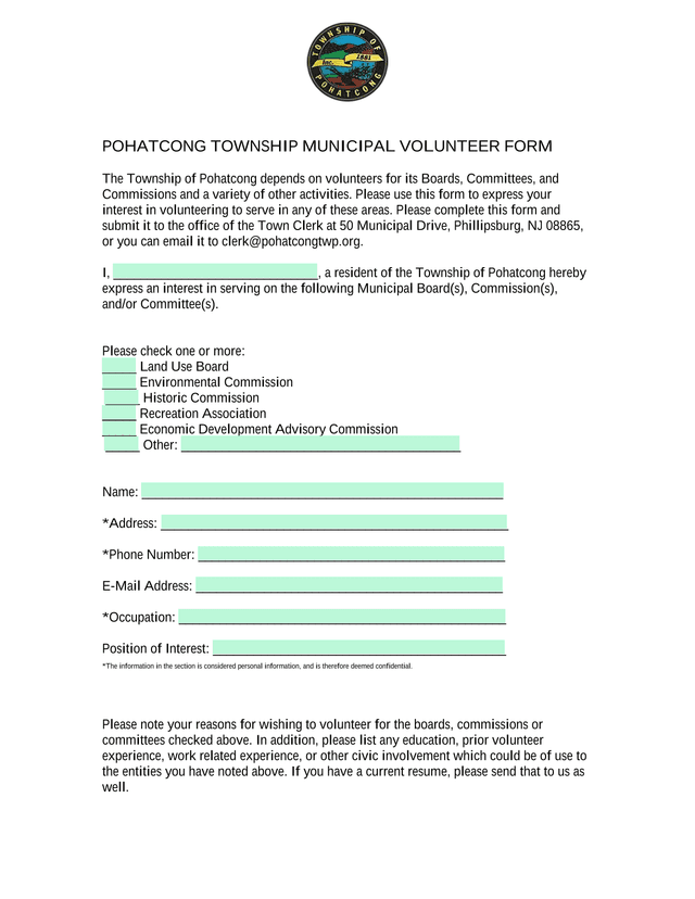 POHATCONG TOWNSHIP MUNICIPAL VOLUNTEER FORM screenshot