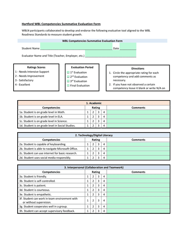 Hartford WBL Competencies Summative Evaluation Form screenshot