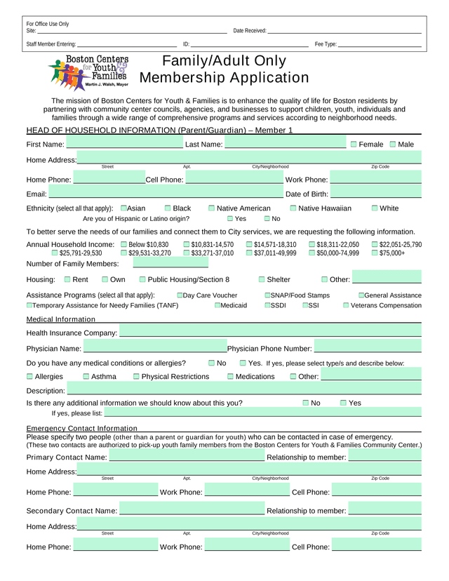 FamilyAdult Only Membership Application screenshot