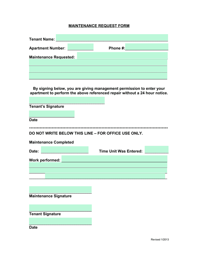 MAINTENANCE REQUEST FORM screenshot
