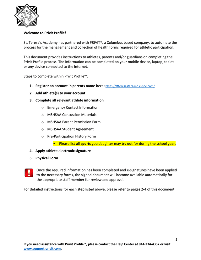 Privit Profile Instructions For St. TeresaS Academy Athletic Health Forms screenshot