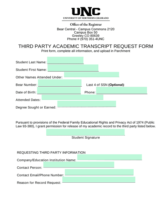 Third Party Academic Transcript Request Form screenshot