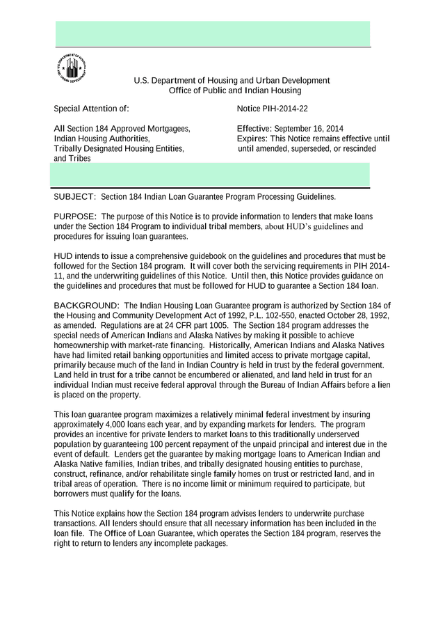 Notice PIH 2014 22 Section 184 Indian Loan Guarantee Program Processing Guidelines screenshot