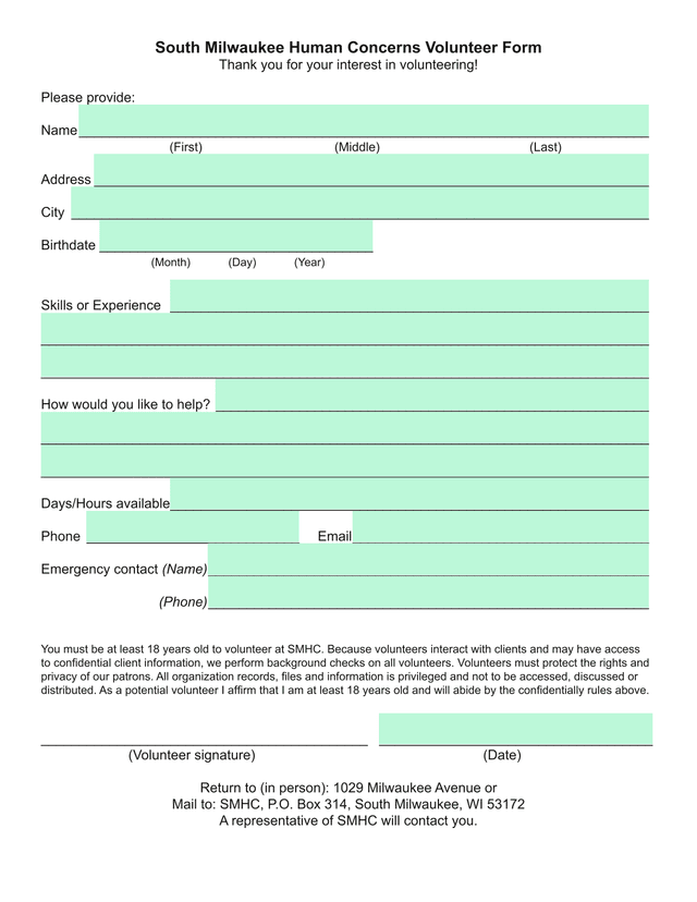 South Milwaukee Human Concerns Volunteer Form screenshot