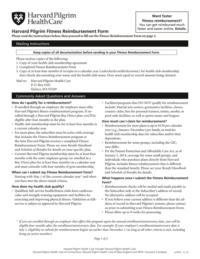 Harvard Pilgrim Fitness Reimbursement Form screenshot