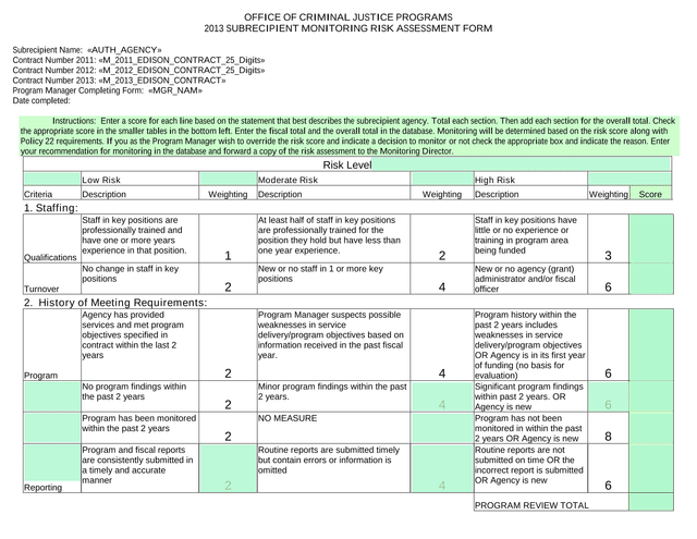 2013 Subrecipient Monitoring Risk Assessment Form screenshot