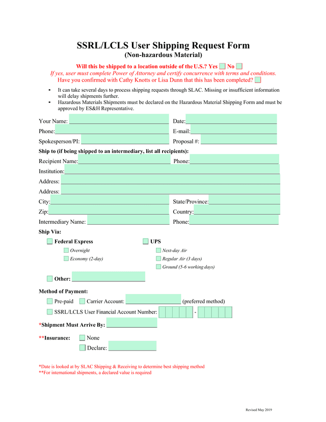 SSRLLCLS User Shipping Request Form (Non Hazardous Material) screenshot
