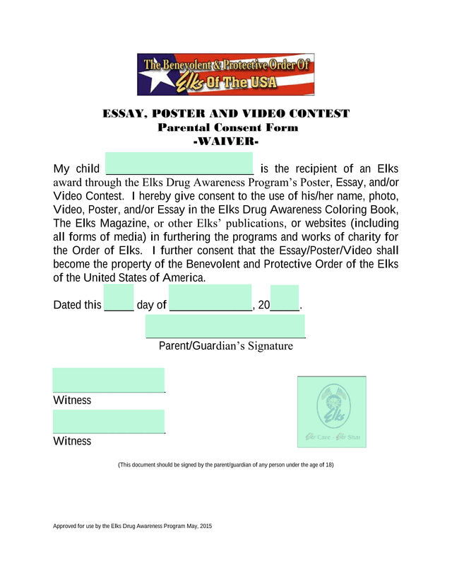 Elks Drug Awareness Program Parental Consent Form screenshot