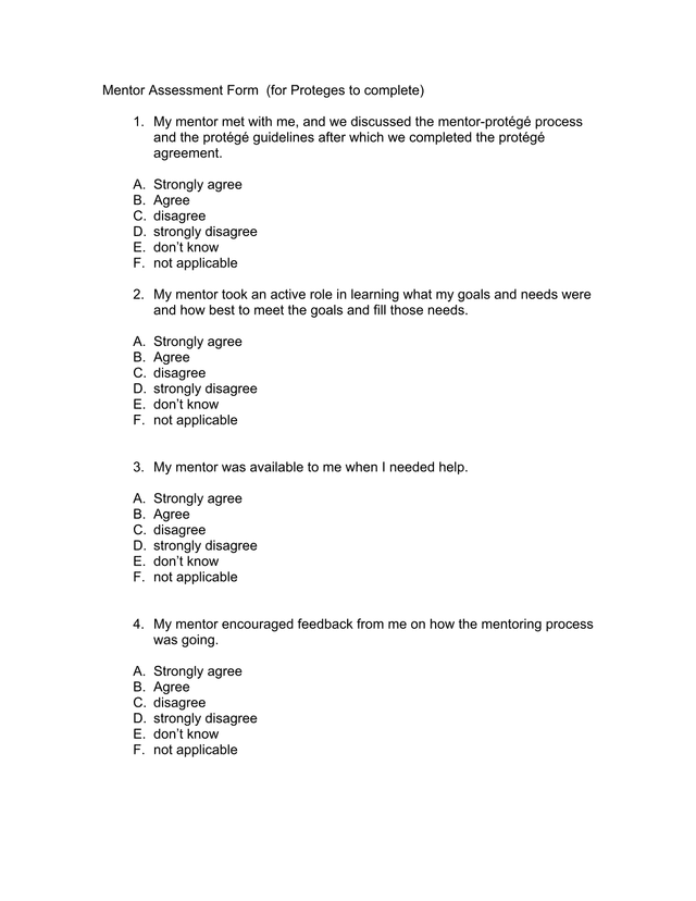 Mentor Assessment Form screenshot