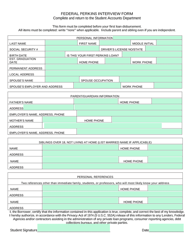 FEDERAL PERKINS INTERVIEW FORM screenshot