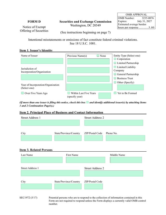 Form D Notice Of Exempt Offering Of Securities screenshot