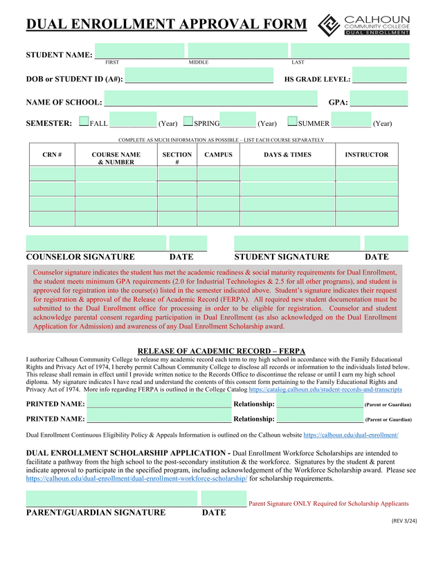 Dual Enrollment Approval Form screenshot