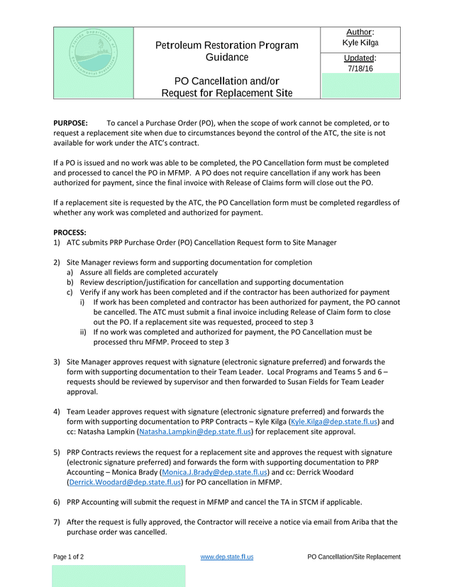 Petroleum Restoration Program Guidance   PO Cancellation AndOr Request For Replacement Site screenshot