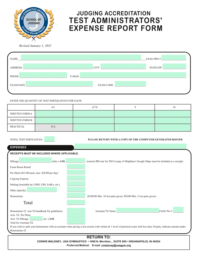 TEST ADMINISTRATORS EXPENSE REPORT FORM screenshot