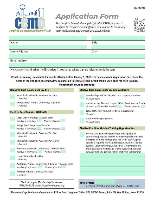 Application Form For Certified Elected Municipal Official (CEMO) Program screenshot