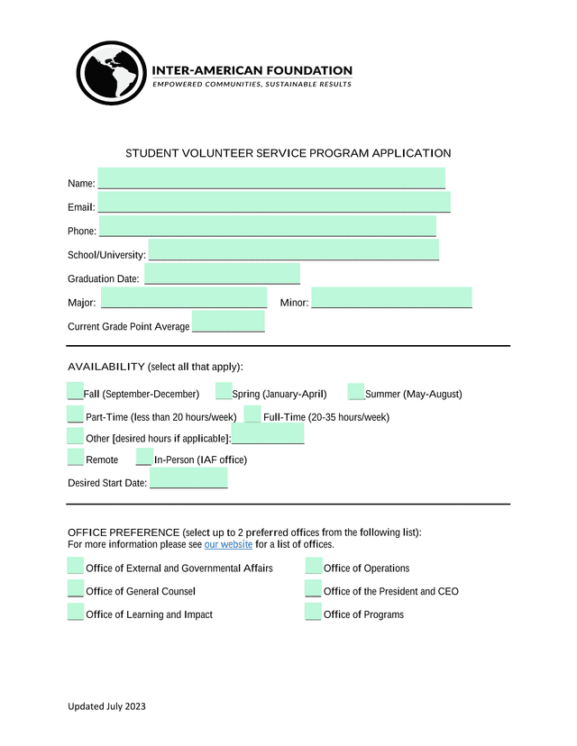 Student Volunteer Service Program Application screenshot