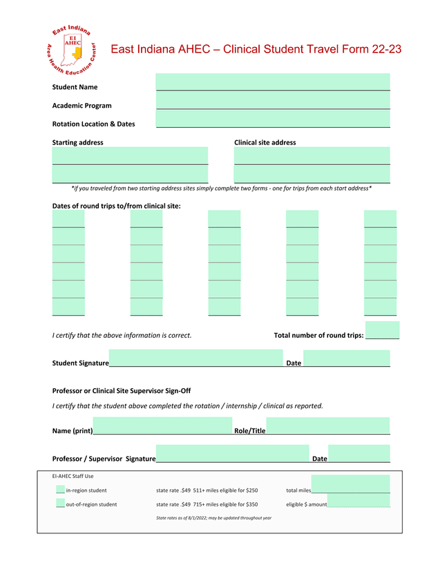 East Indiana AHEC  Clinical Student Travel Form 22 23 screenshot