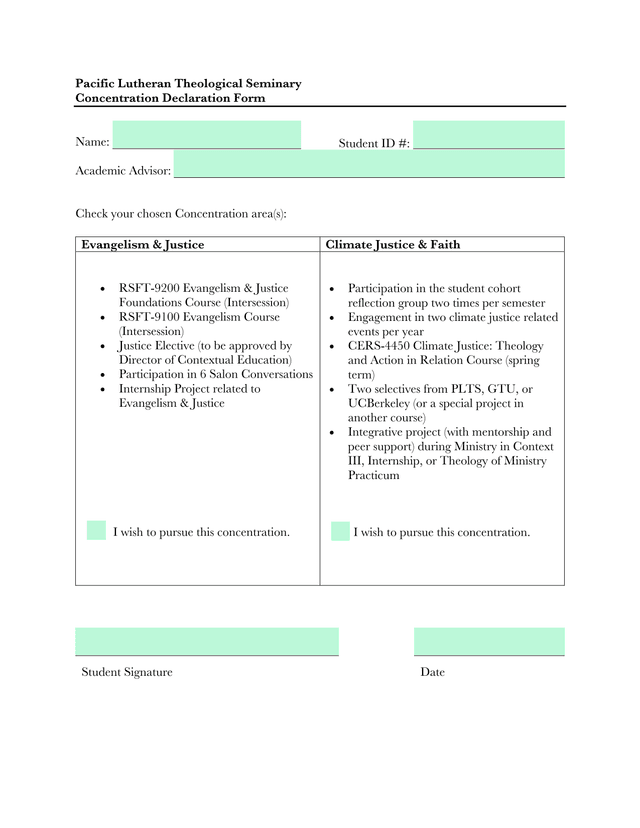 Pacific Lutheran Theological Seminary Concentration Declaration Form screenshot