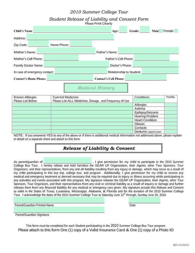 2010 Summer College Tour Student Release Of Liability And Consent Form screenshot