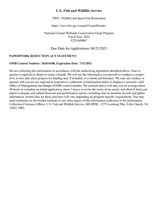 National Coastal Wetlands Conservation Grant Program screenshot