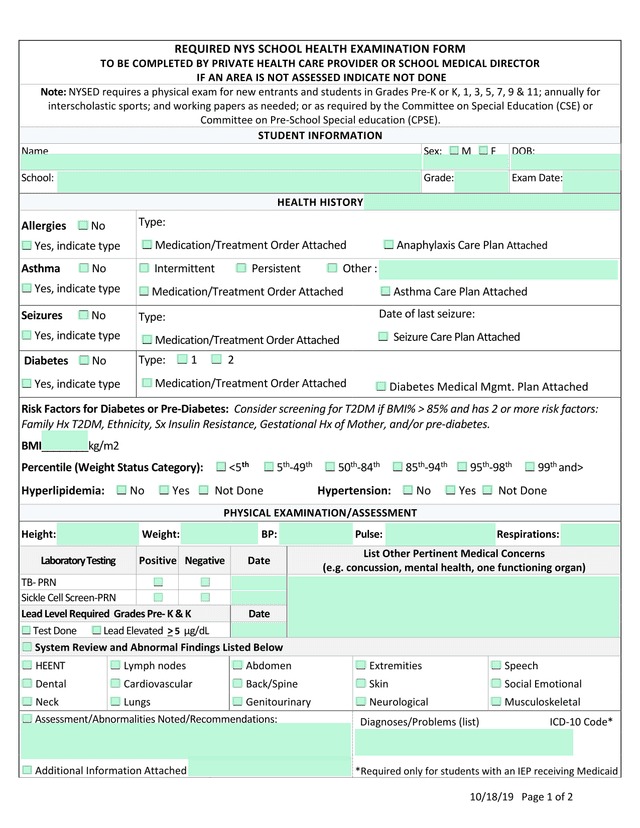 REQUIRED NYS SCHOOL HEALTH EXAMINATION FORM screenshot