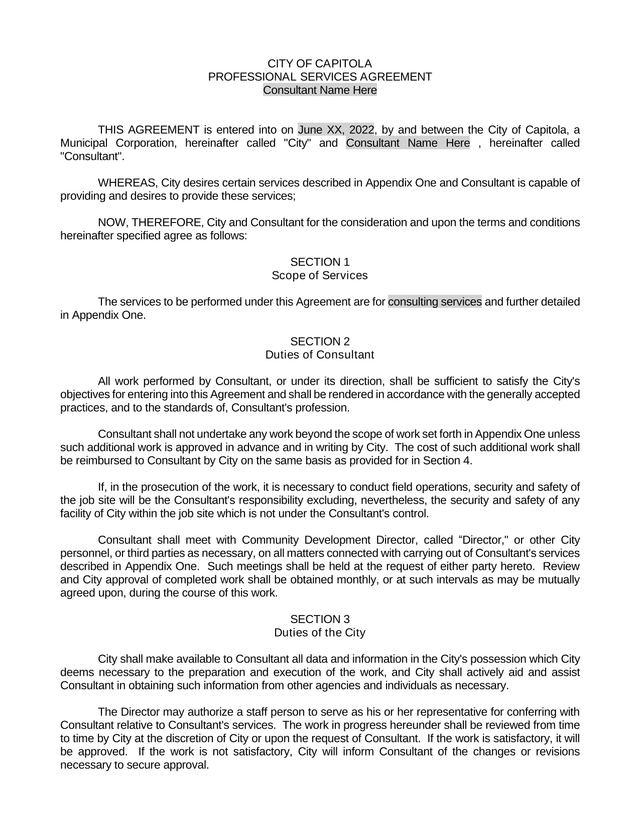 Professional Services Agreement screenshot