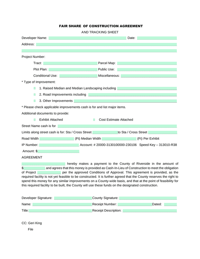 Cash In Lieu Of Construction Agreement And Tracking Sheet screenshot
