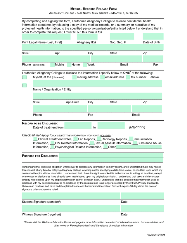 Medical Records Release Form screenshot