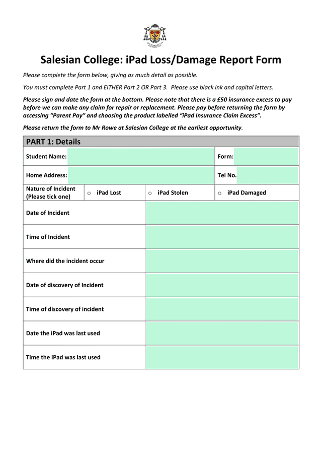 Salesian College IPad LossDamage Report Form screenshot