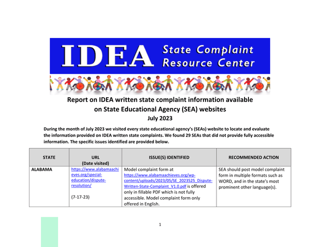 Report On IDEA Written State Complaint Information Available On State Educational Agency (SEA) Websi screenshot