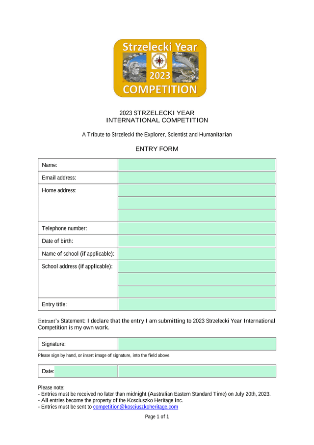 2023 Strzelecki Year International Competition Entry Form screenshot