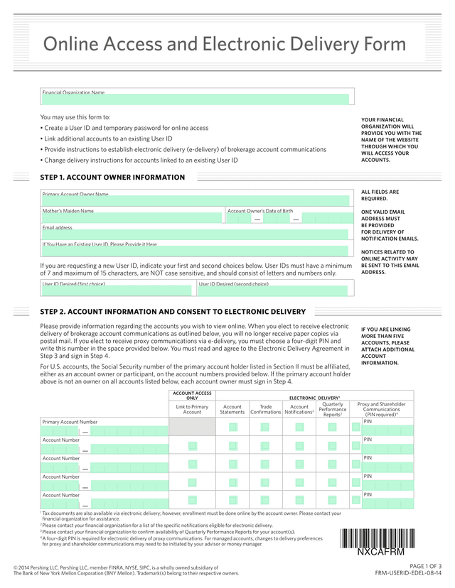 Financial Organization Name User ID And Electronic Delivery Form screenshot