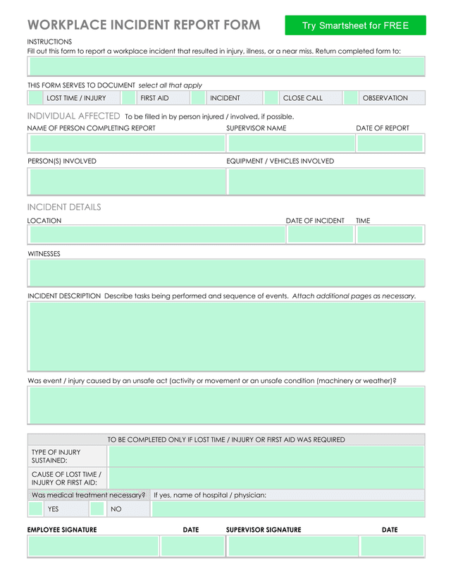 Workplace Incident Report Form screenshot