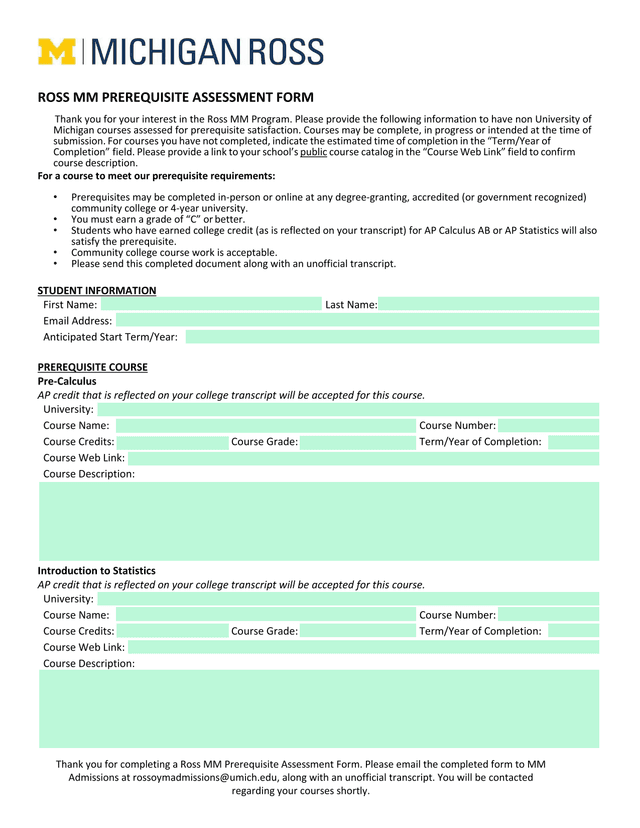 Ross MM Prerequisite Assessment Form screenshot