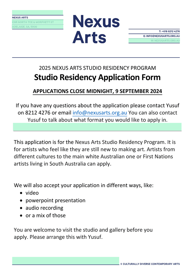 2025 NEXUS ARTS STUDIO RESIDENCY PROGRAM Studio Residency Application Form screenshot