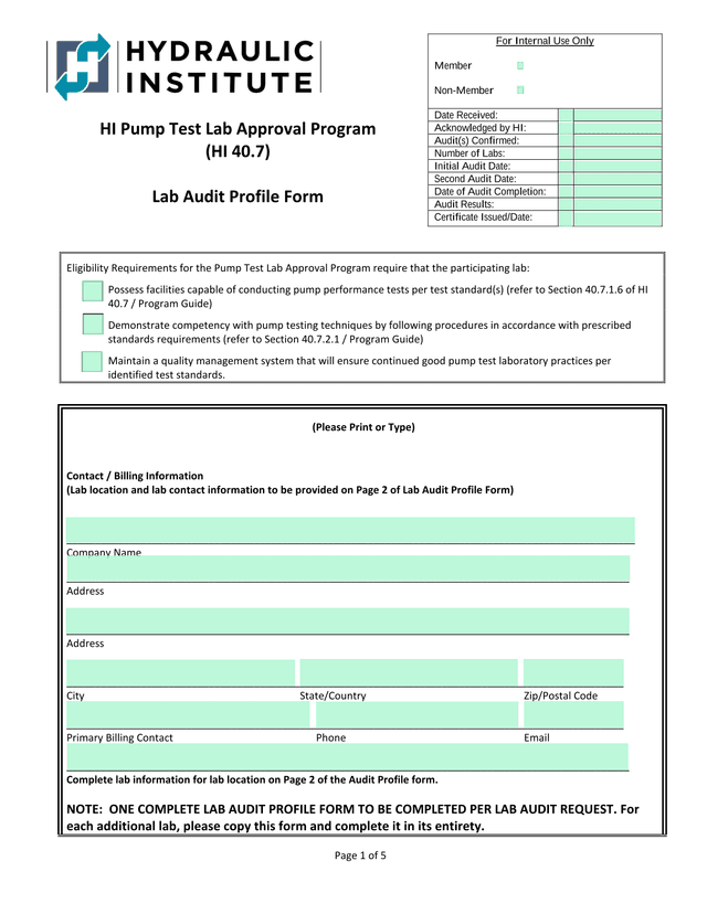 HI Pump Test Lab Approval Program (HI 40.7) Lab Audit Profile Form screenshot