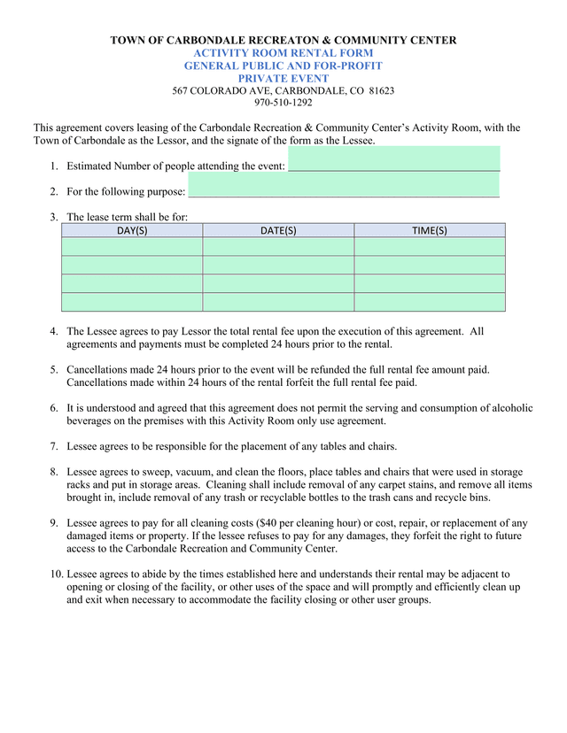 TOWN OF CARBONDALE RECREATION  COMMUNITY CENTER ACTIVITY ROOM RENTAL FORM screenshot