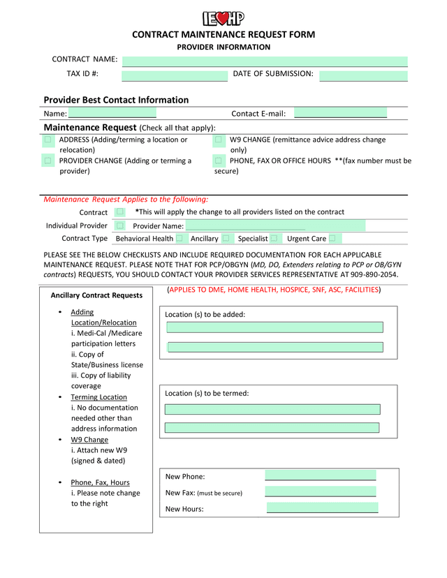 CONTRACT MAINTENANCE REQUEST FORM screenshot
