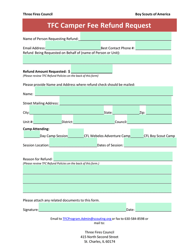 TFC Camper Fee Refund Request screenshot