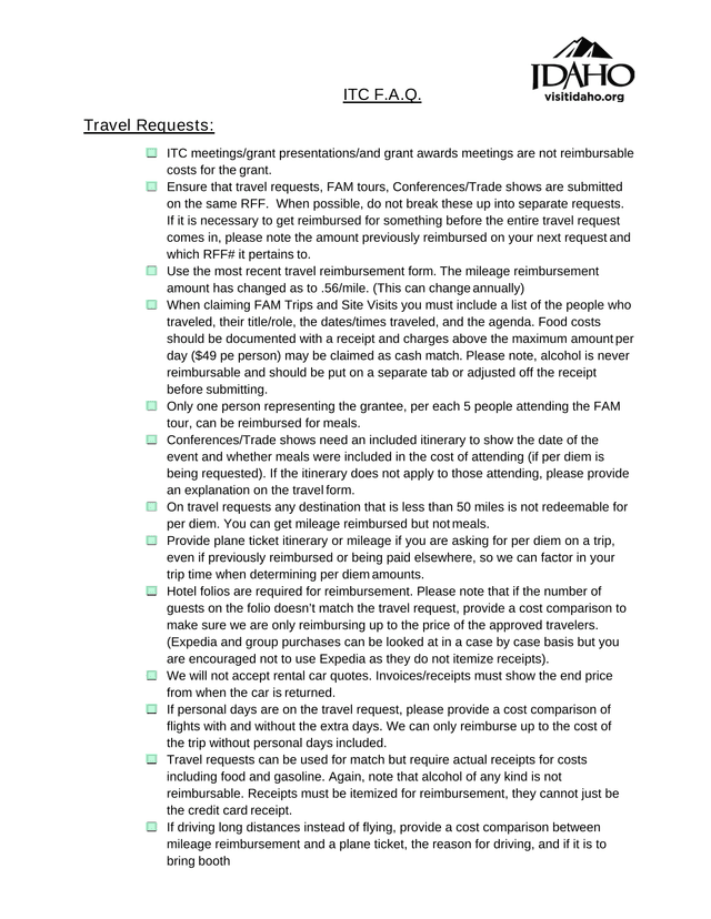 ITC F.A.Q. Travel Requests screenshot